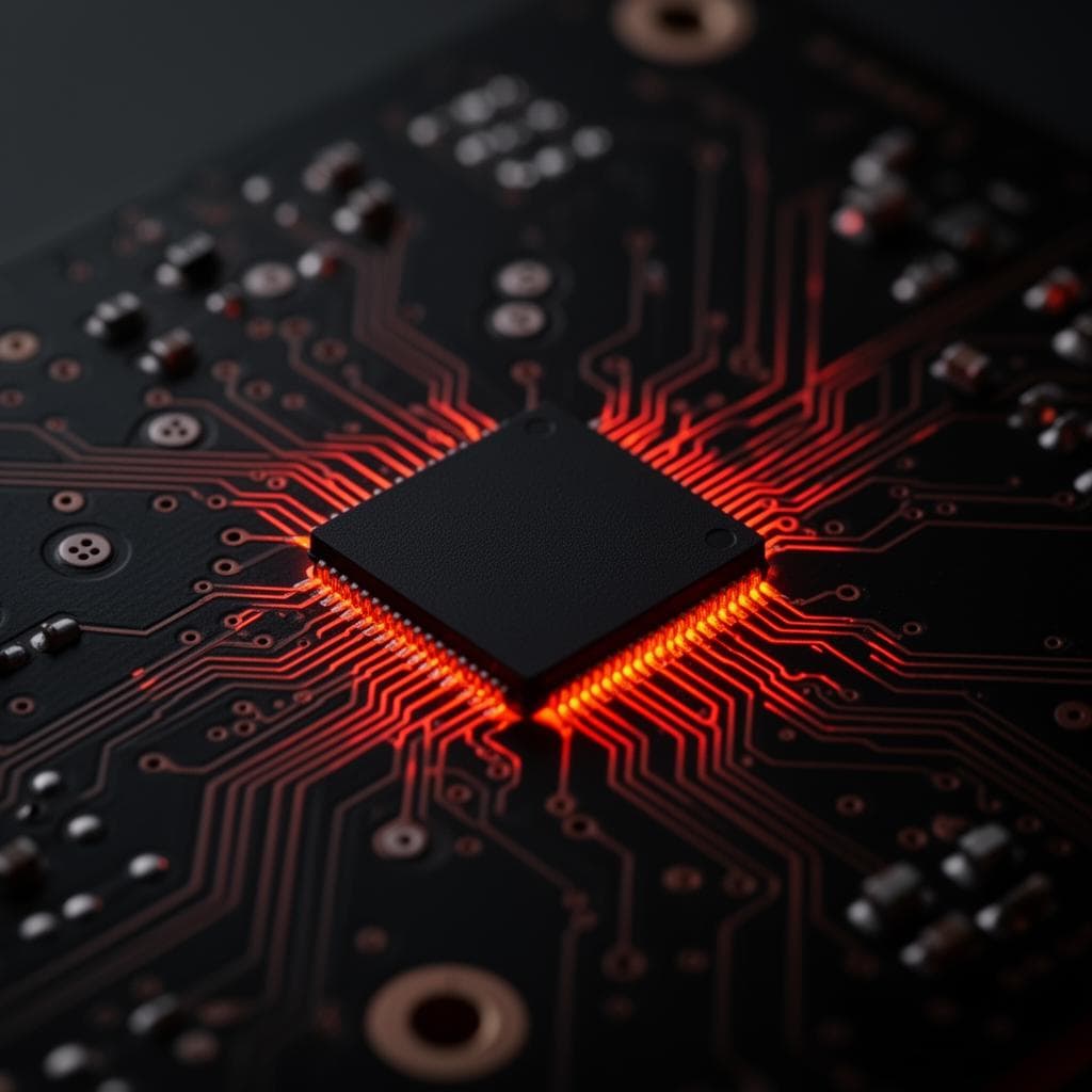 High-density interconnect PCB with fine copper traces.